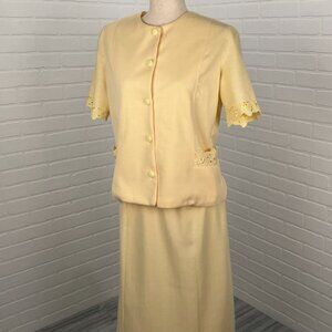 Pablo Skirt Suit Women 10P‎ Yellow Floral Eyelet Secretary Summer 60s 70s VTG